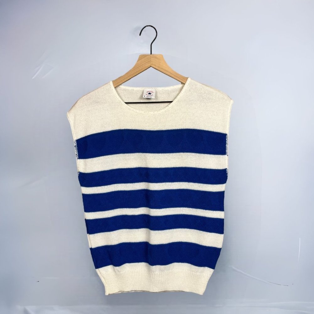 Sweater Bazaar Vintage 80s Blue & White Striped Heart Sleeveless Sweater Tee